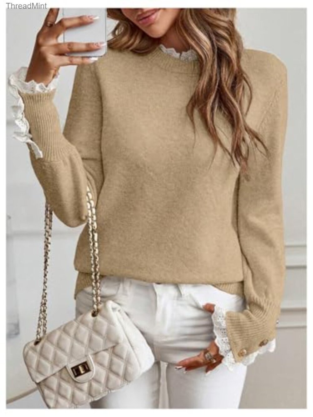 Mock Neck Peplum Lace Sweater Pullover Cozy Knit Tops - Picture 5 of 6